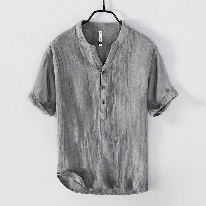 Buddha Stones Color sólido manga corta medio botón camisa lino y algodón hombres ropa - Manga corta - Gris - US/UK/AU50, EU60 (5XL) - image 0
