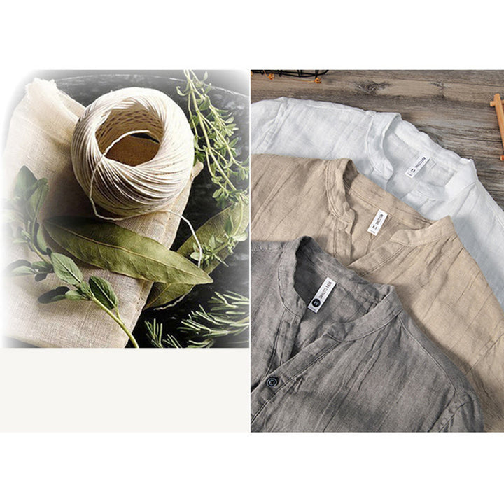 Buddha Stones Color sólido manga corta medio botón camisa lino y algodón hombres ropa - image 20