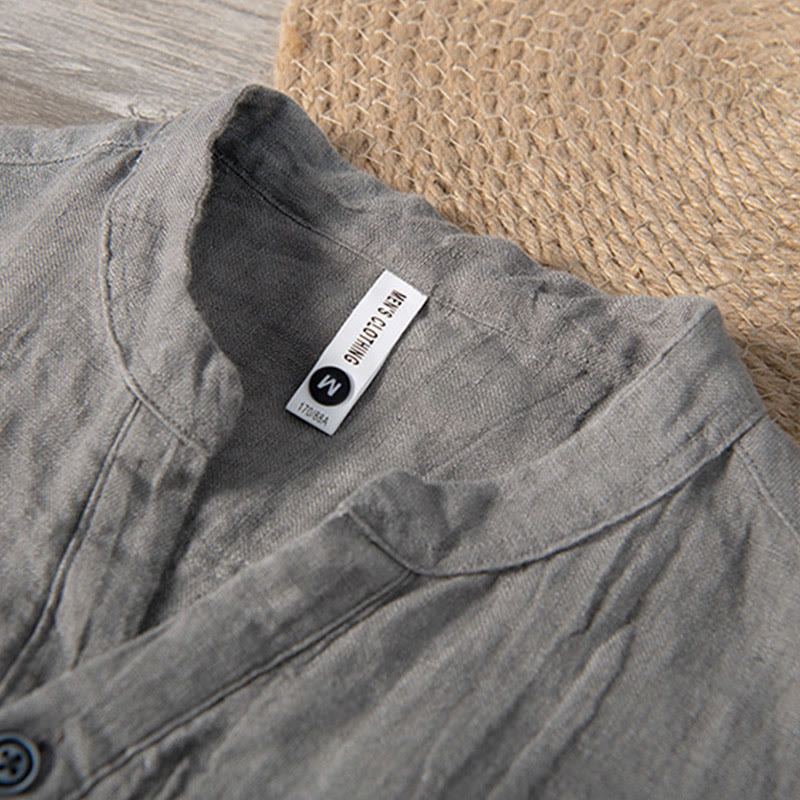 Buddha Stones Color sólido manga corta medio botón camisa lino y algodón hombres ropa - image 3