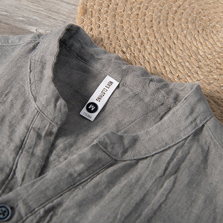 Buddha Stones Color sólido manga corta medio botón camisa lino y algodón hombres ropa - image 3