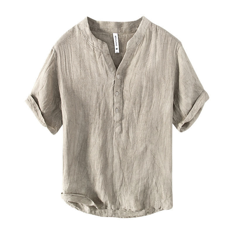 Buddha Stones Color sólido manga corta medio botón camisa lino y algodón hombres ropa - image 19