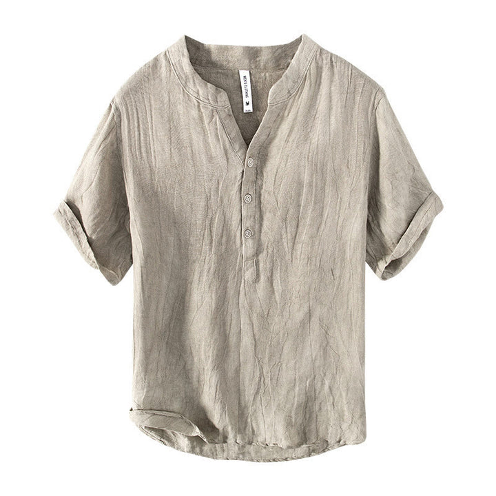 Buddha Stones Color sólido manga corta medio botón camisa lino y algodón hombres ropa - image 19
