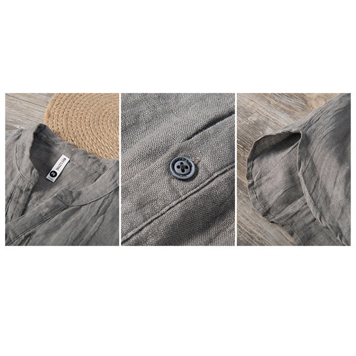 Buddha Stones Color sólido manga corta medio botón camisa lino y algodón hombres ropa - image 11