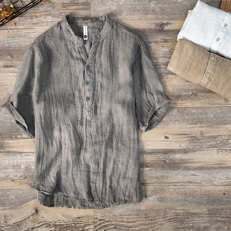 Buddha Stones Color sólido manga corta medio botón camisa lino y algodón hombres ropa - image 2