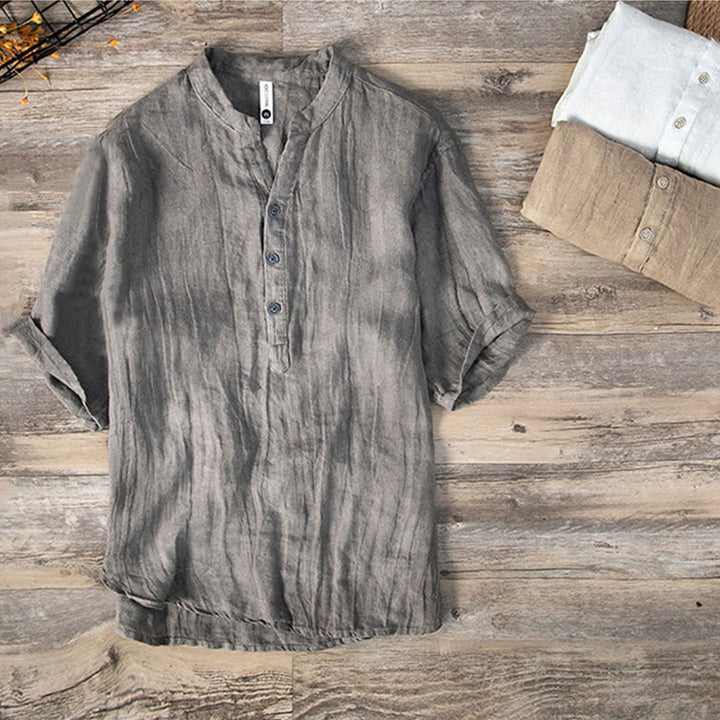 Buddha Stones Color sólido manga corta medio botón camisa lino y algodón hombres ropa - image 2