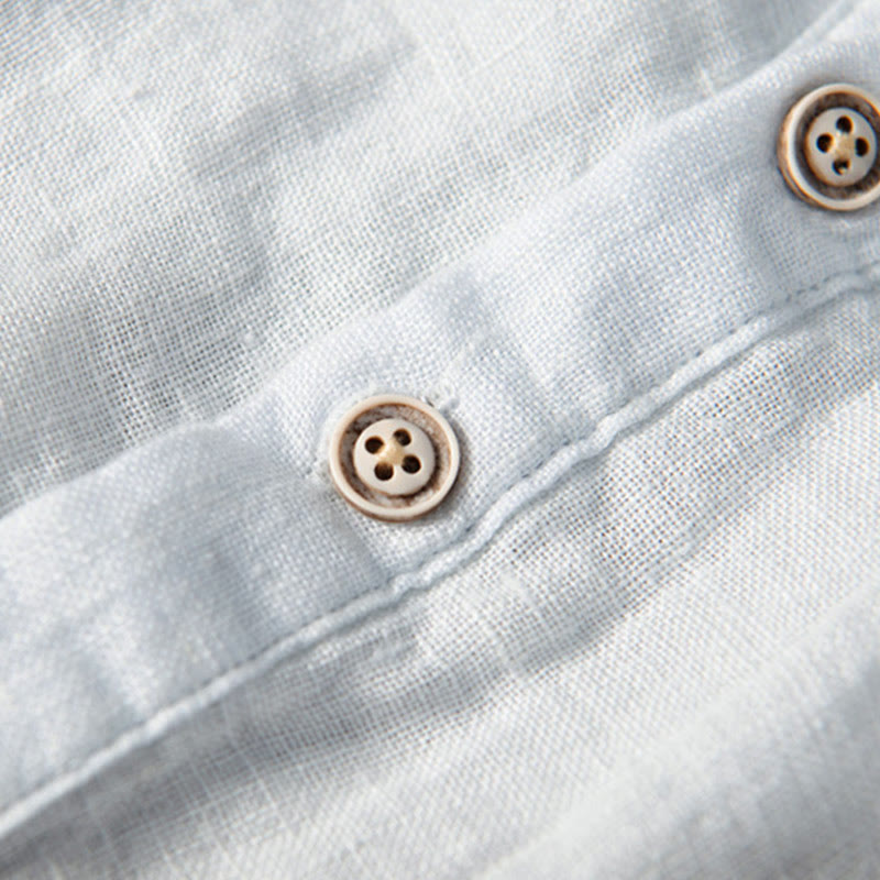 Buddha Stones Color sólido manga corta medio botón camisa lino y algodón hombres ropa - image 15
