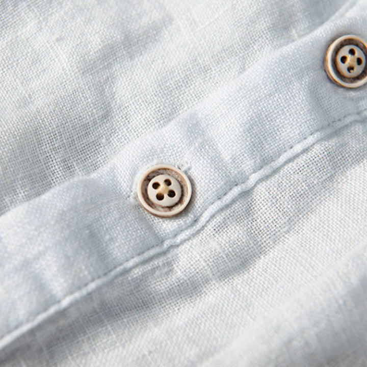 Buddha Stones Color sólido manga corta medio botón camisa lino y algodón hombres ropa - image 15