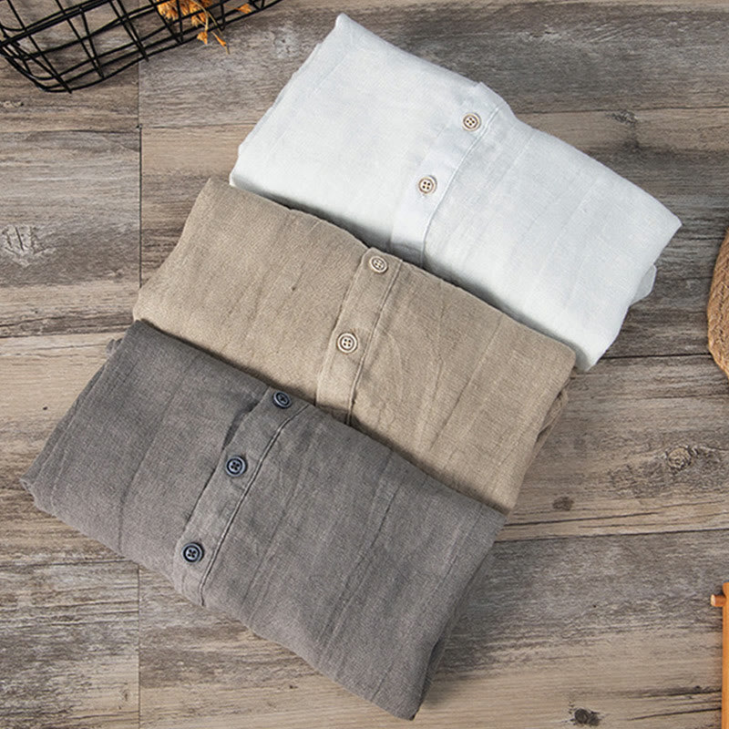 Buddha Stones Color sólido manga corta medio botón camisa lino y algodón hombres ropa - image 1