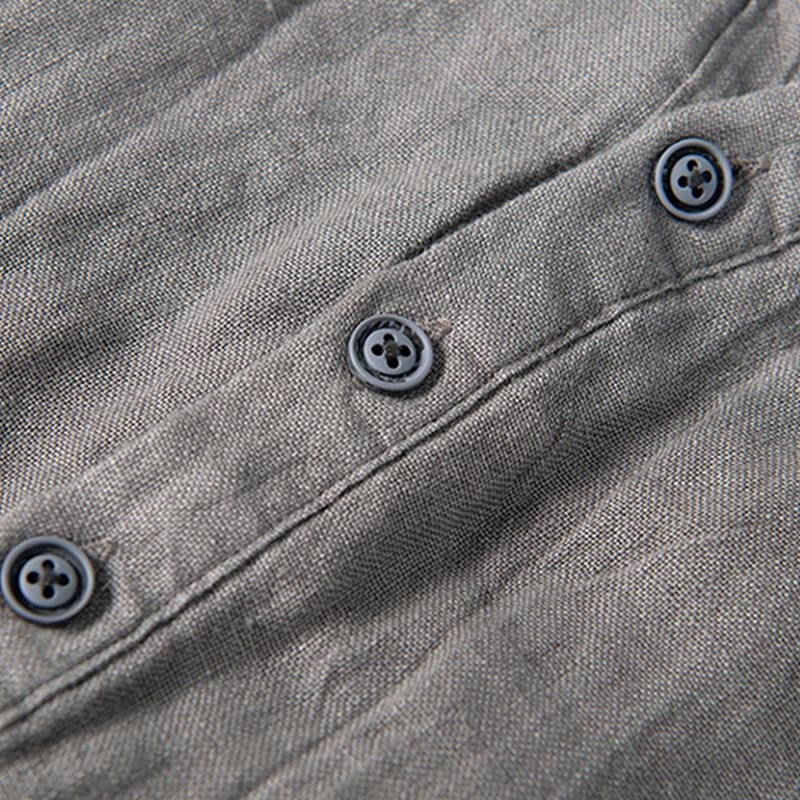 Buddha Stones Color sólido manga corta medio botón camisa lino y algodón hombres ropa - image 6