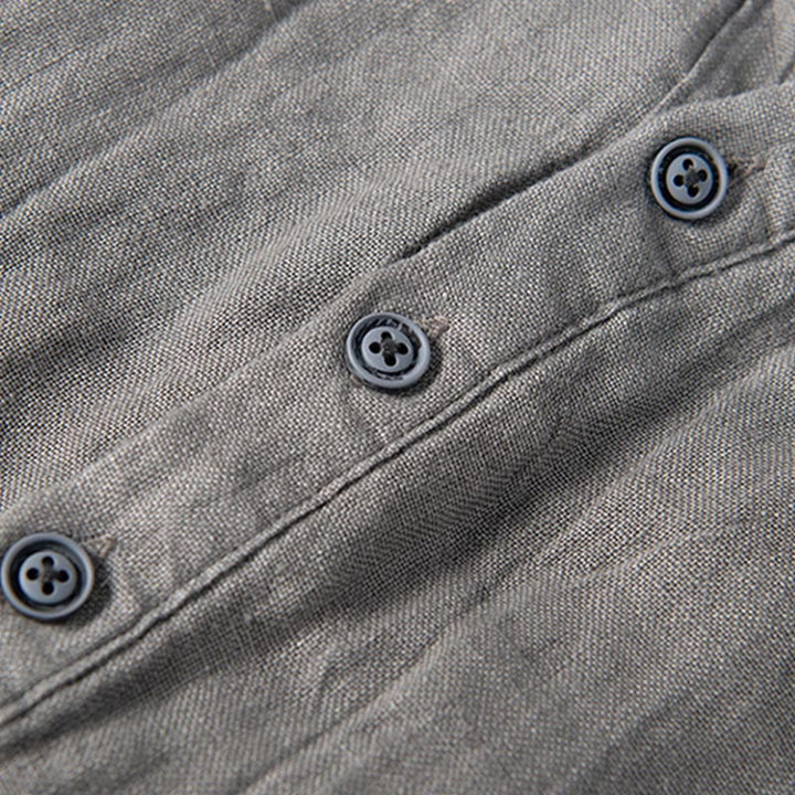 Buddha Stones Color sólido manga corta medio botón camisa lino y algodón hombres ropa - image 6