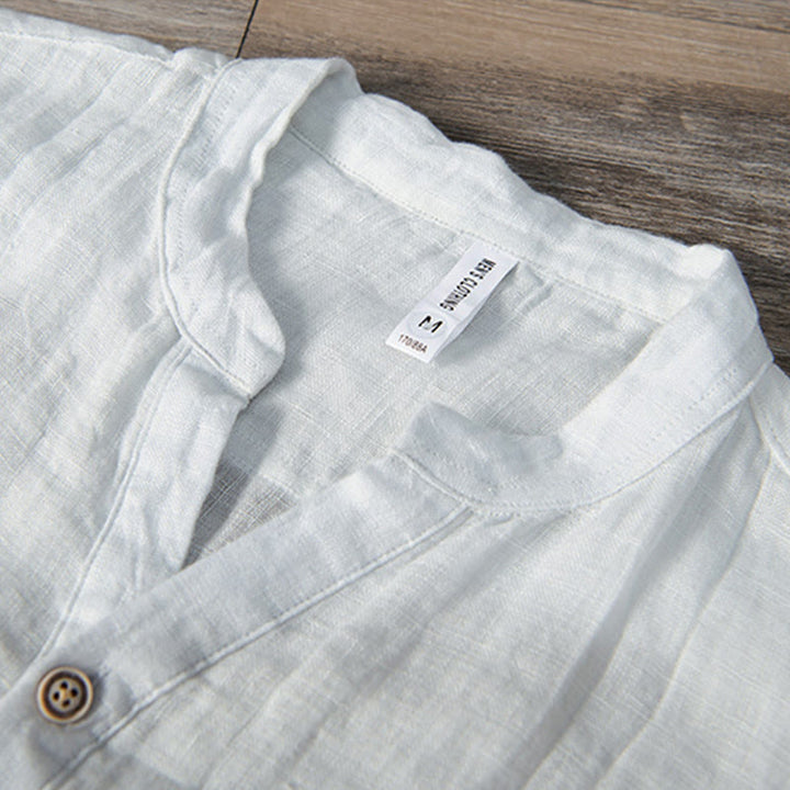 Buddha Stones Color sólido manga corta medio botón camisa lino y algodón hombres ropa - image 13