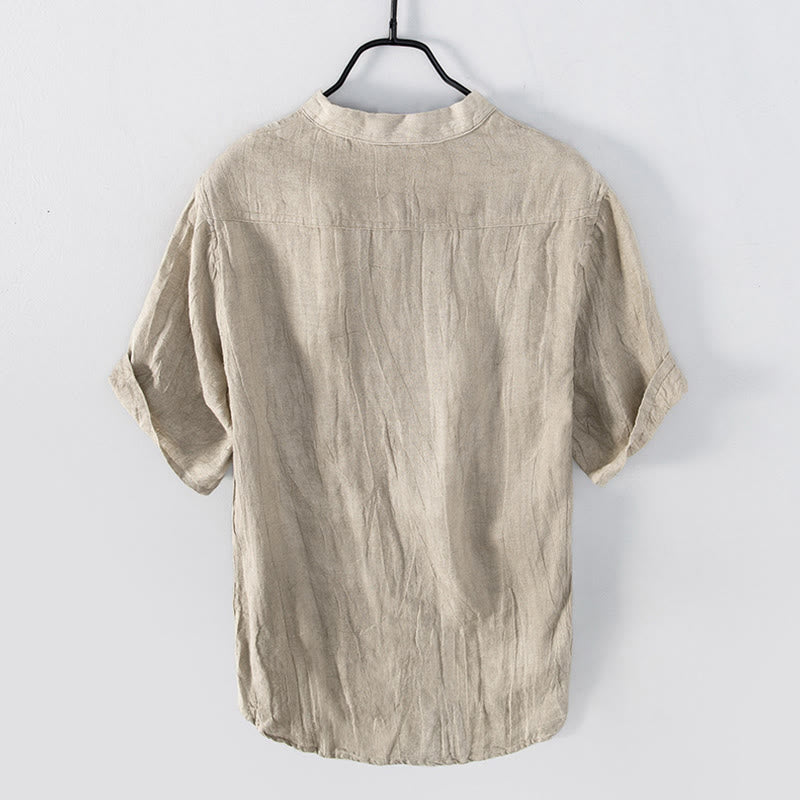 Buddha Stones Color sólido manga corta medio botón camisa lino y algodón hombres ropa - image 18