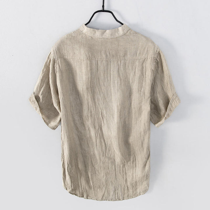 Buddha Stones Color sólido manga corta medio botón camisa lino y algodón hombres ropa - image 18