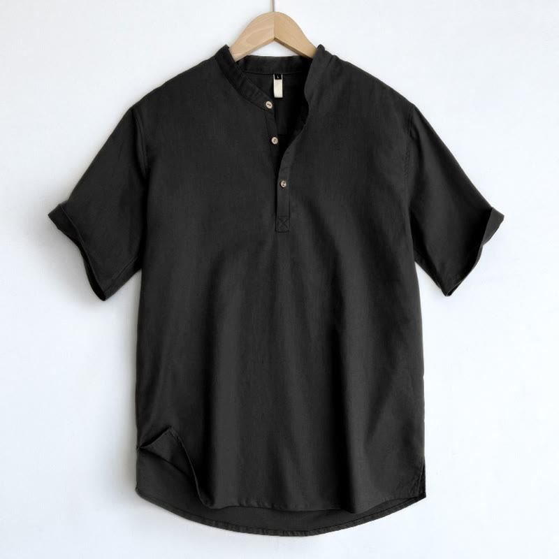 Camisa de lino con botones de manga corta para hombre de color sólido con Buddha Stones - Negro - US/UK/AU44, EU54 (4XL) - image 20