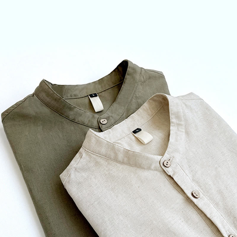 Camisa de lino con botones de manga corta para hombre de color sólido con Buddha Stones - image 1