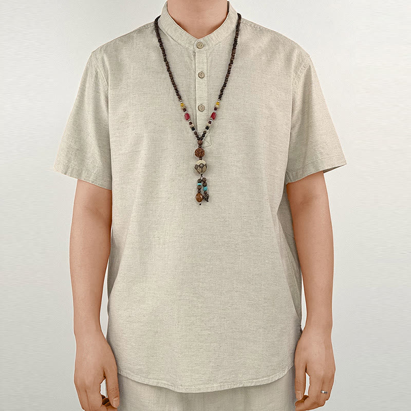 Camisa de lino con botones de manga corta para hombre de color sólido con Buddha Stones - Lino - US/UK/AU44, EU54 (4XL) - image 8