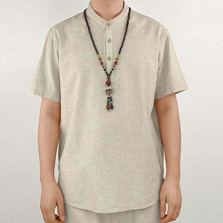 Camisa de lino con botones de manga corta para hombre de color sólido con Buddha Stones - Lino - US/UK/AU44, EU54 (4XL) - image 8