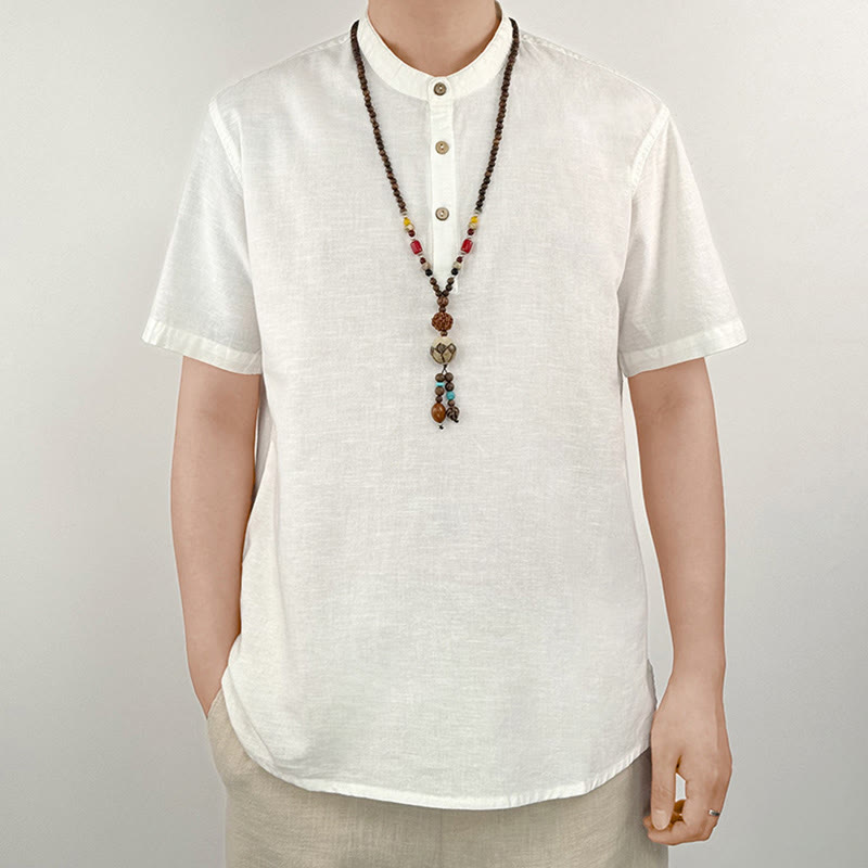 Camisa de lino con botones de manga corta para hombre de color sólido con Buddha Stones - Blanco - US/UK/AU44, EU54 (4XL) - image 16