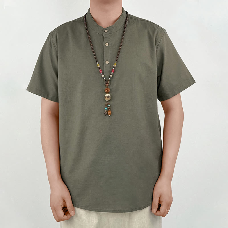 Camisa de lino con botones de manga corta para hombre de color sólido con Buddha Stones - image 2