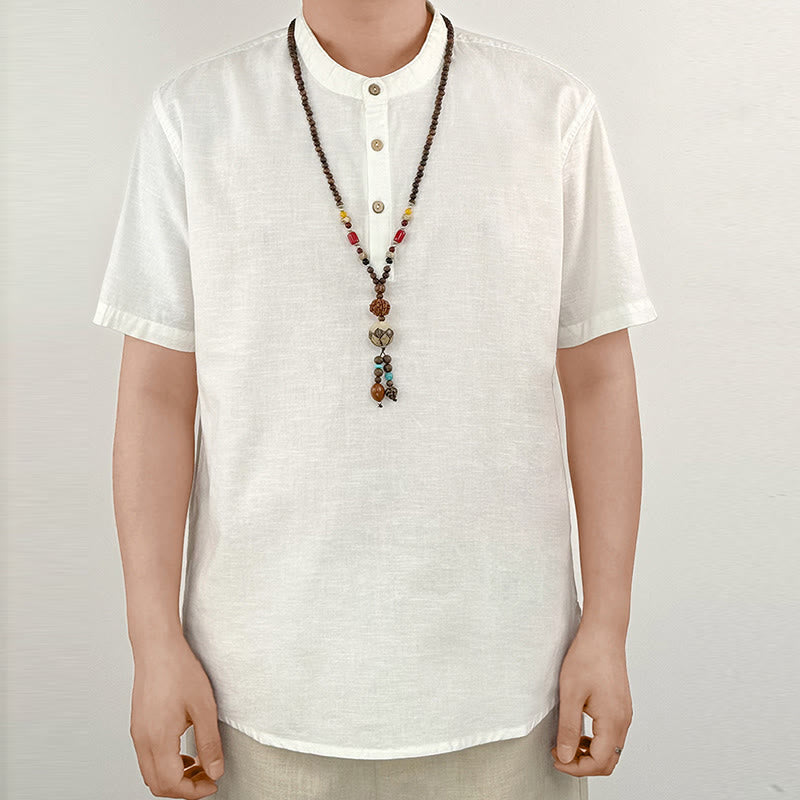 Camisa de lino con botones de manga corta para hombre de color sólido con Buddha Stones - image 18