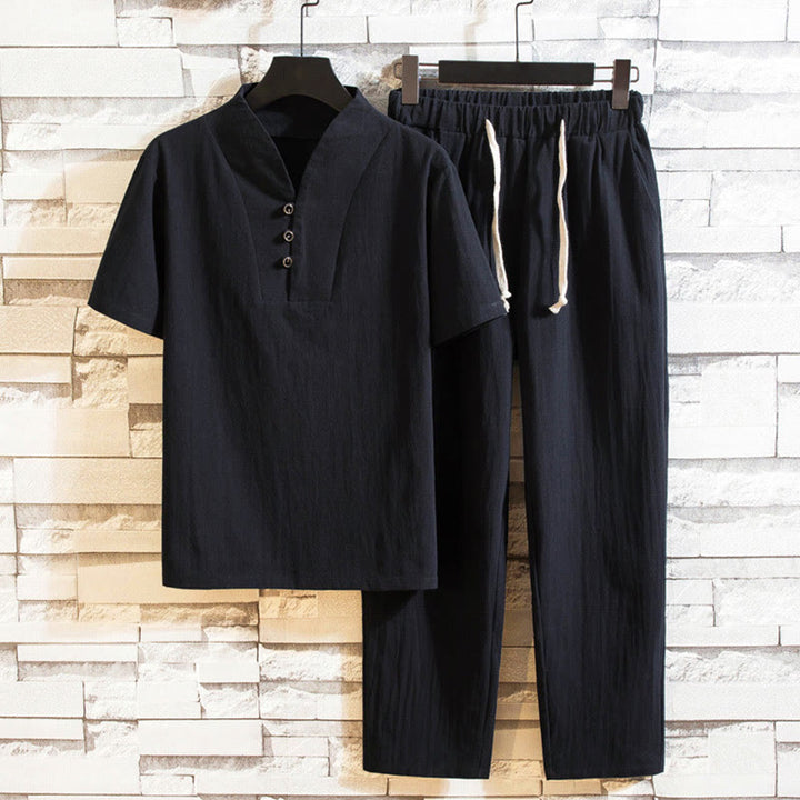 Conjunto de 2 camisetas y pantalones de manga corta con botones de algodón de color liso para hombre con Buddha Stones - Negro - US/UK/AU44, UE 54 (5XL) - image 10