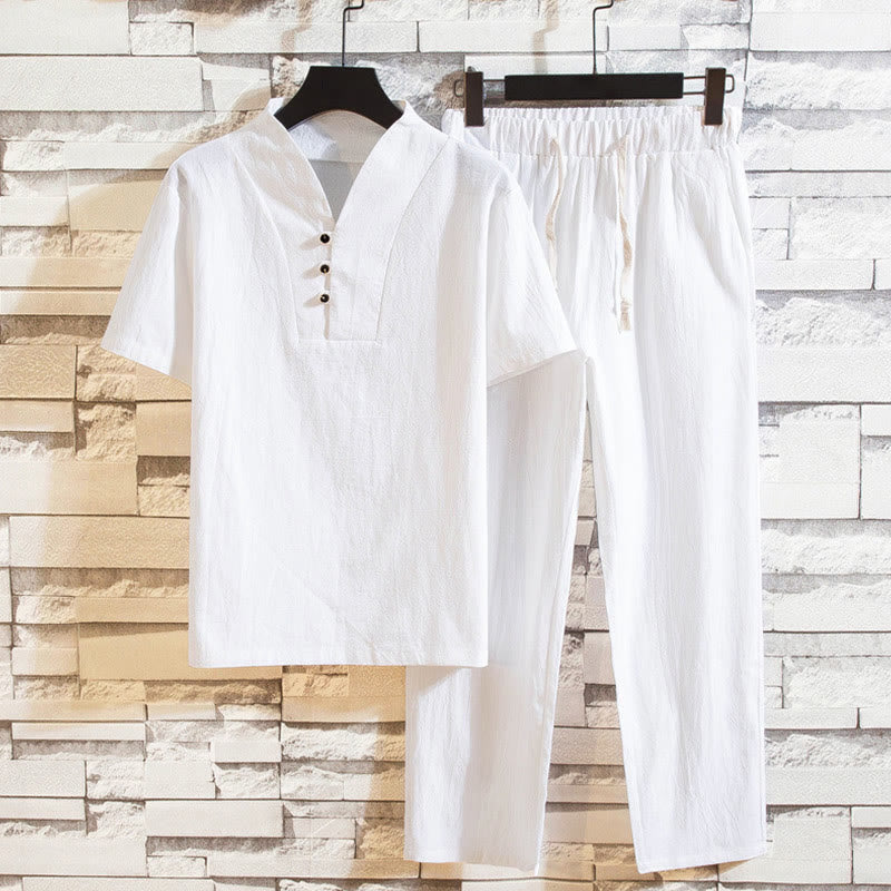 Conjunto de 2 camisetas y pantalones de manga corta con botones de algodón de color liso para hombre con Buddha Stones - Blanco - US/UK/AU44, UE 54 (5XL) - image 0