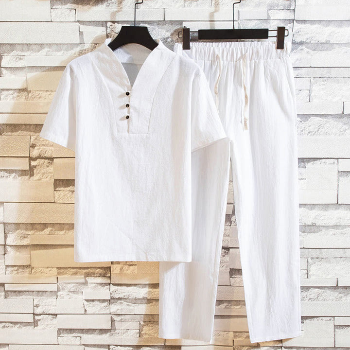 Conjunto de 2 camisetas y pantalones de manga corta con botones de algodón de color liso para hombre con Buddha Stones - Blanco - US/UK/AU44, UE 54 (5XL) - image 0