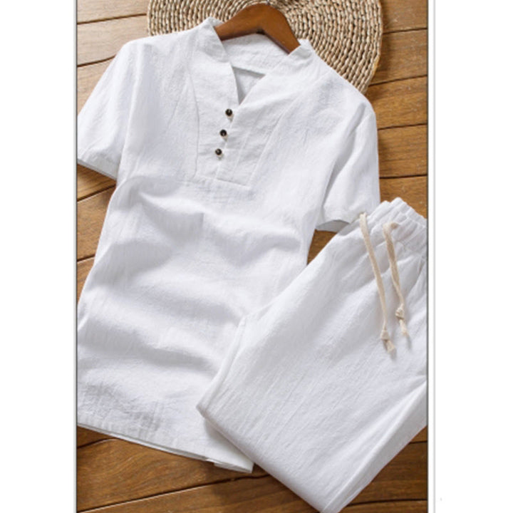 Conjunto de 2 camisetas y pantalones de manga corta con botones de algodón de color liso para hombre con Buddha Stones - image 3