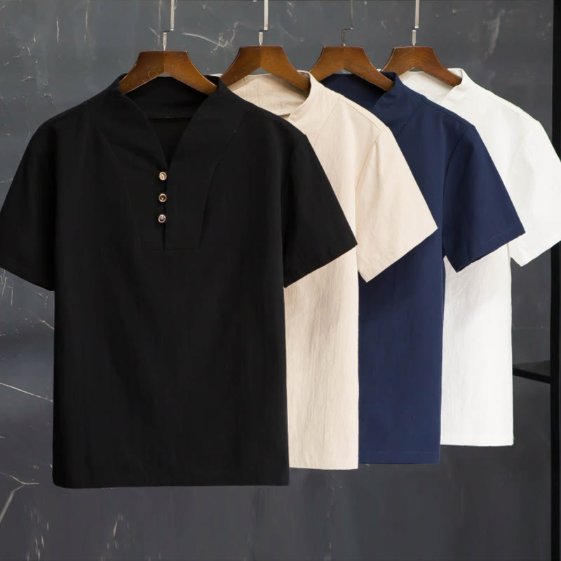 Conjunto de 2 camisetas y pantalones de manga corta con botones de algodón de color liso para hombre con Buddha Stones - image 1