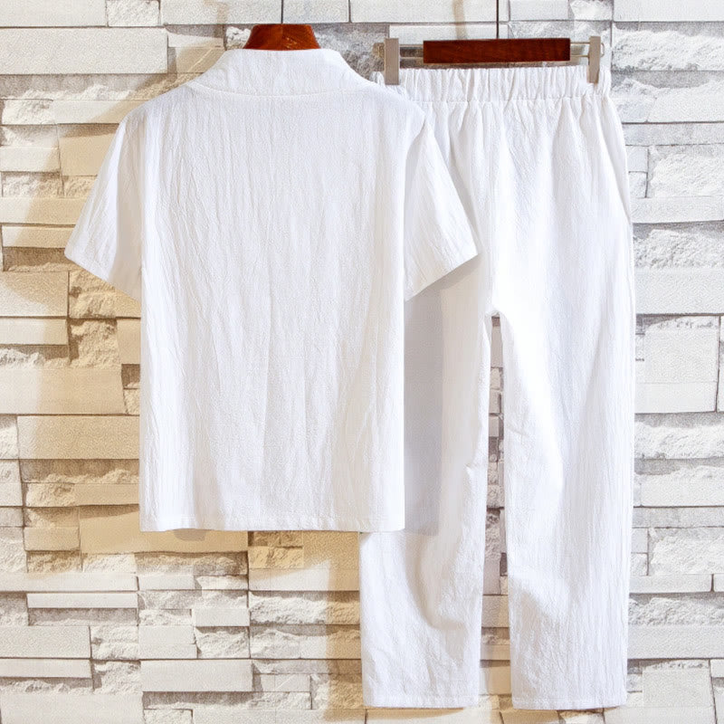 Conjunto de 2 camisetas y pantalones de manga corta con botones de algodón de color liso para hombre con Buddha Stones - image 2