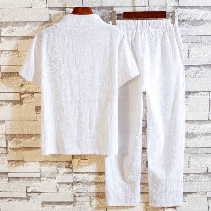 Conjunto de 2 camisetas y pantalones de manga corta con botones de algodón de color liso para hombre con Buddha Stones - image 2