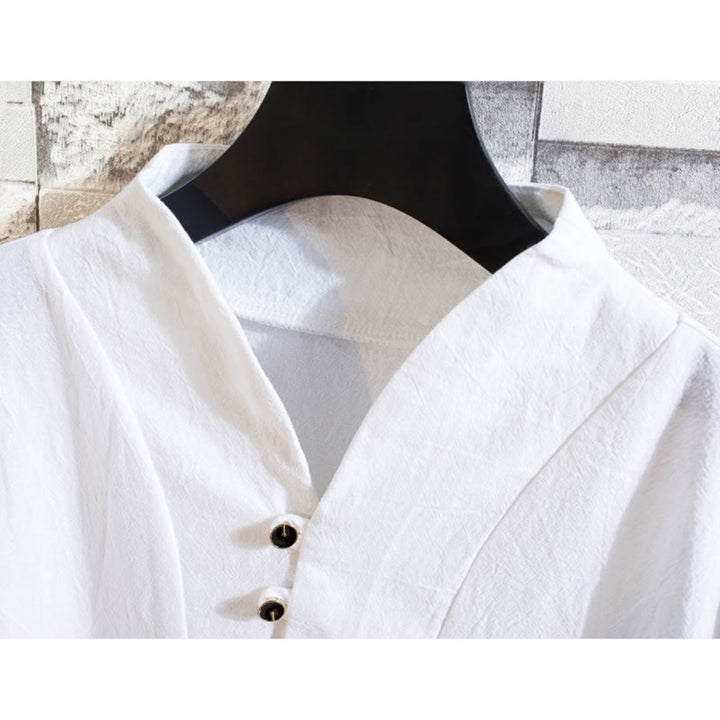 Conjunto de 2 camisetas y pantalones de manga corta con botones de algodón de color liso para hombre con Buddha Stones - image 4