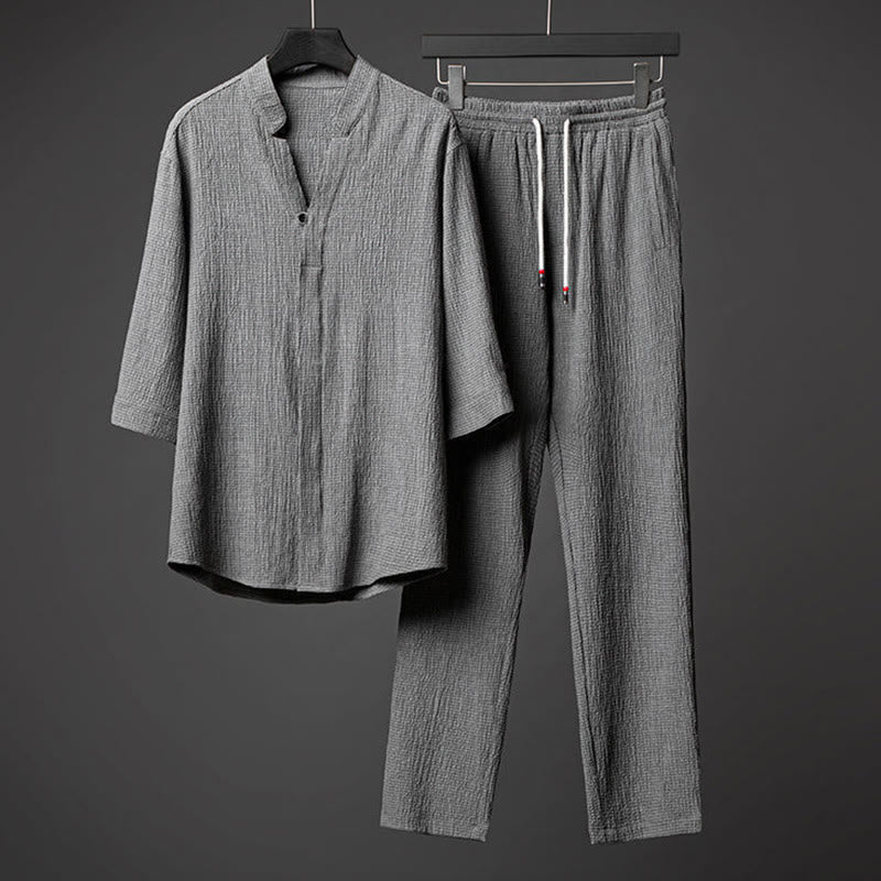 Buddha Stones 2 piezas conjunto de pantalones de camisa de media manga con botones de textura de color sólido para hombres - Gris - US/UK/AU44, UE 54 (5XL) - image 0
