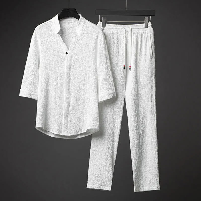 Buddha Stones 2 piezas conjunto de pantalones de camisa de media manga con botones de textura de color sólido para hombres - Blanco - US/UK/AU44, UE54 (5XL) - image 2