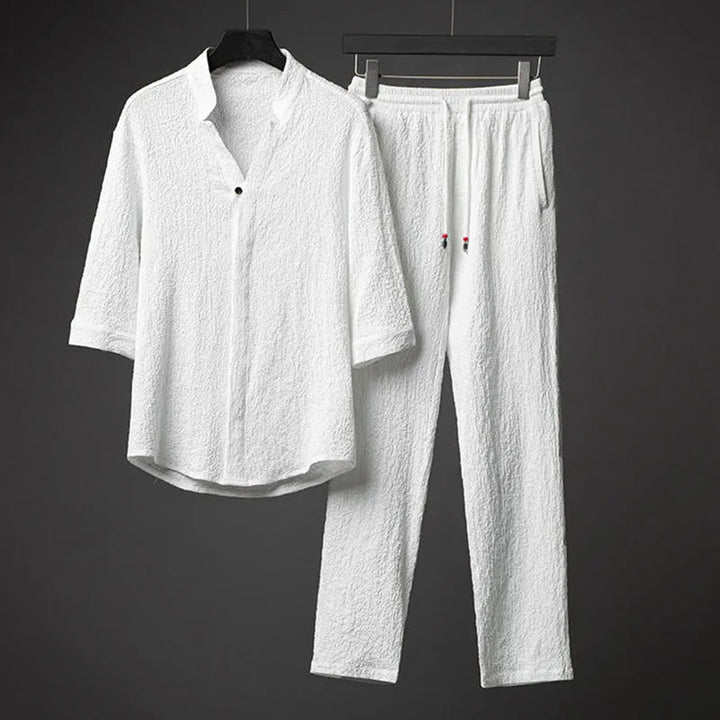 Buddha Stones 2 piezas conjunto de pantalones de camisa de media manga con botones de textura de color sólido para hombres - Blanco - US/UK/AU44, UE54 (5XL) - image 2