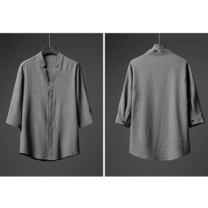 Buddha Stones 2 piezas conjunto de pantalones de camisa de media manga con botones de textura de color sólido para hombres - image 1