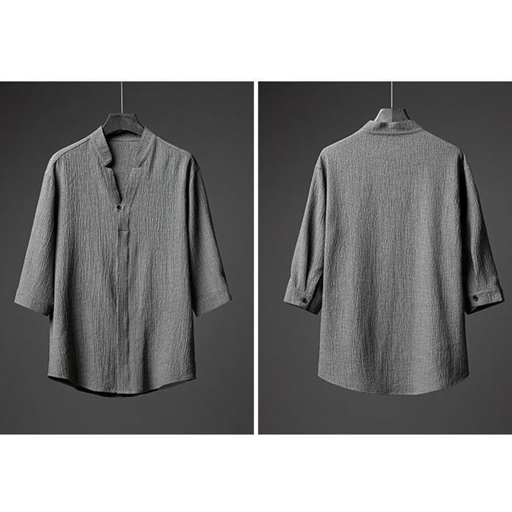 Buddha Stones 2 piezas conjunto de pantalones de camisa de media manga con botones de textura de color sólido para hombres - image 1