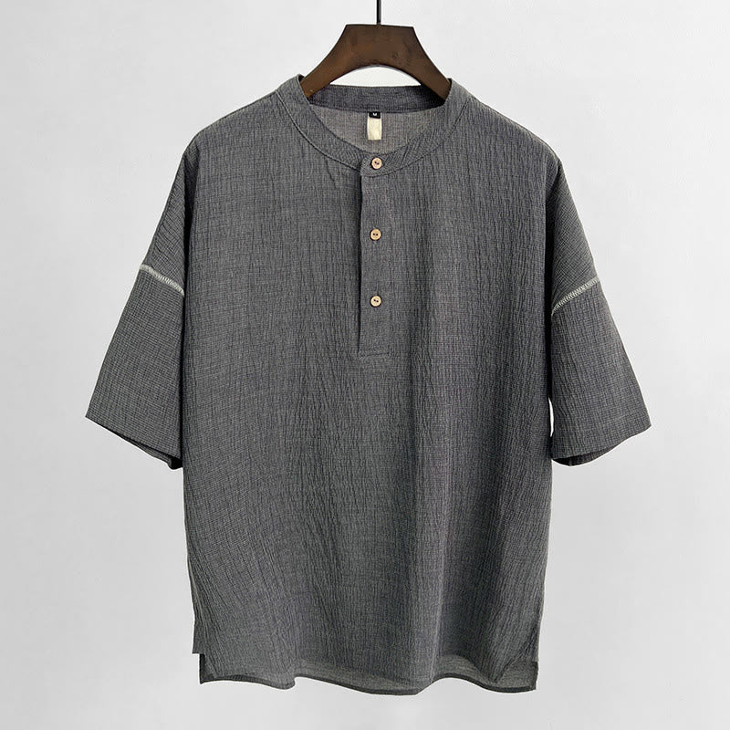 Camisa con botones de manga corta para hombre de color sólido de verano con Buddha Stones - Gris oscuro - 4XL(apto para USUK/AU46; EU56) - image 1