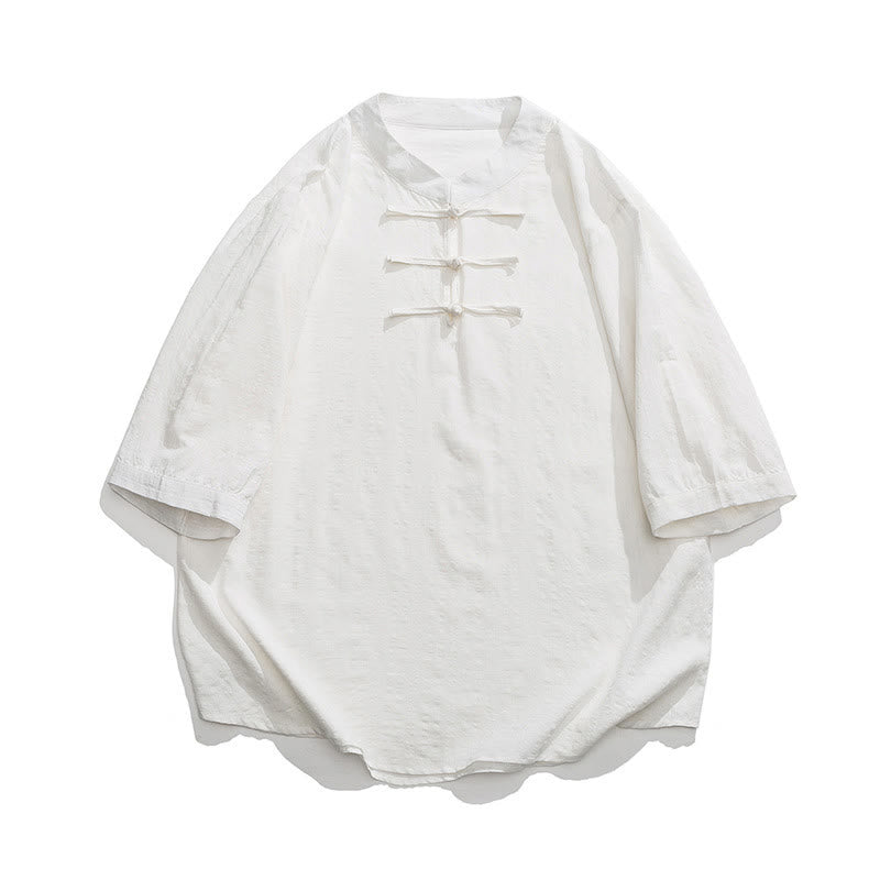 Buddha Stones Botón de rana Patrón a cuadros Traje chino Camisa de media manga Ropa de hombre de lino de algodón