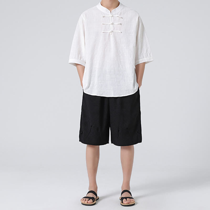 Buddha Stones Botón de rana Patrón a cuadros Traje chino Camisa de media manga Ropa de hombre de lino de algodón