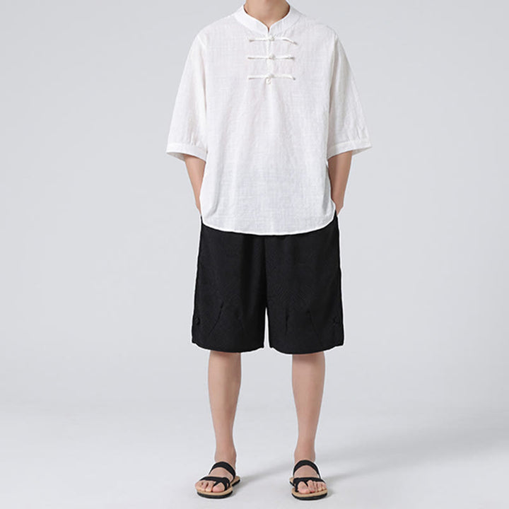 Buddha Stones Botón de rana Patrón a cuadros Traje chino Camisa de media manga Ropa de hombre de lino de algodón