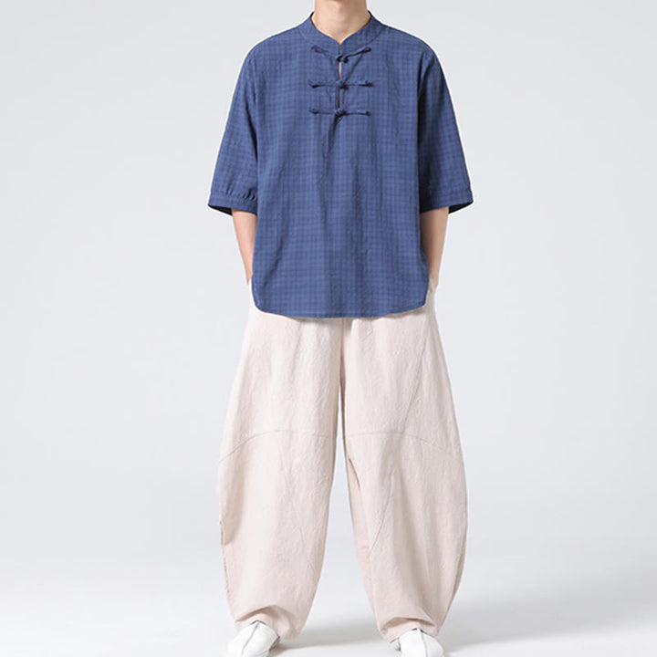 Buddha Stones Botón de rana Patrón a cuadros Traje chino Camisa de media manga Ropa de hombre de lino de algodón