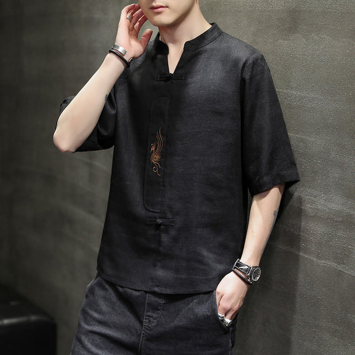 Camisa de manga corta con bordado de Fénix y botones de rana de Buddha Stones , ropa de hombre de lino y algodón - image 18