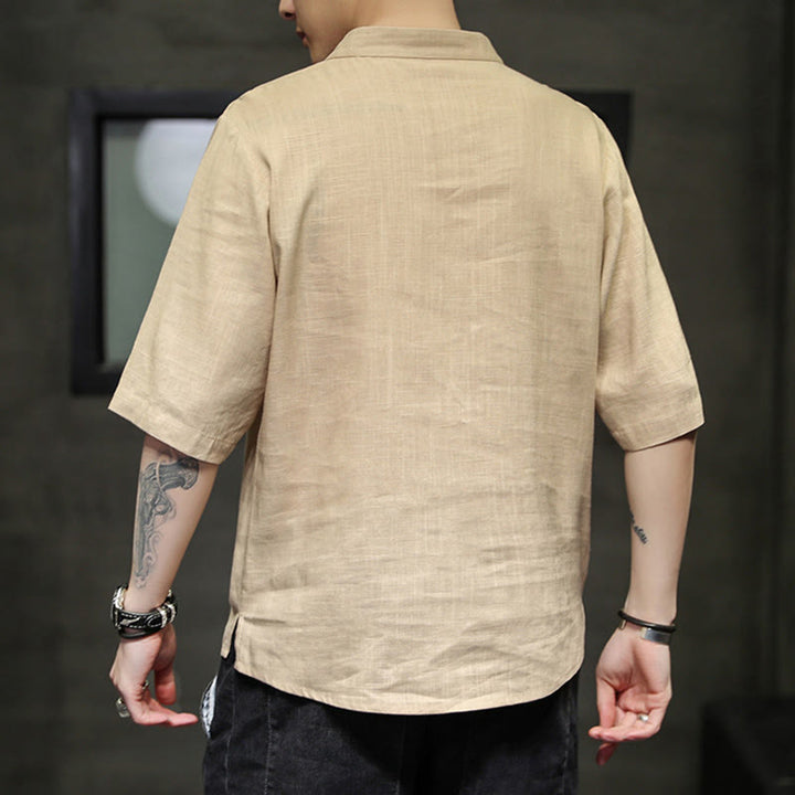 Camisa de manga corta con bordado de Fénix y botones de rana de Buddha Stones , ropa de hombre de lino y algodón - image 12