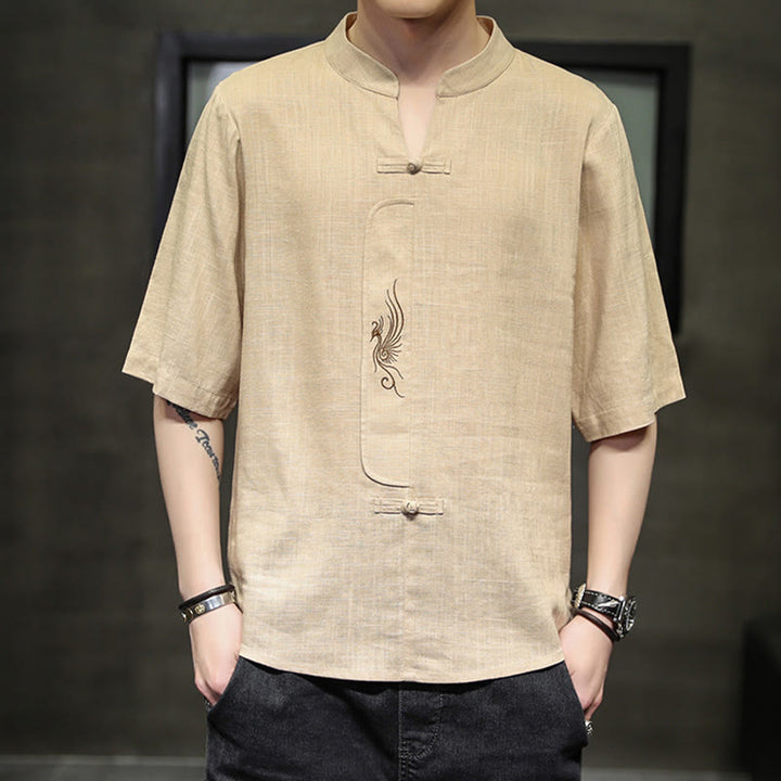 Camisa de manga corta con bordado de Fénix y botones de rana de Buddha Stones , ropa de hombre de lino y algodón - Sopa de mariscos - US/UK/AU46, EU56 (5XL) - image 11