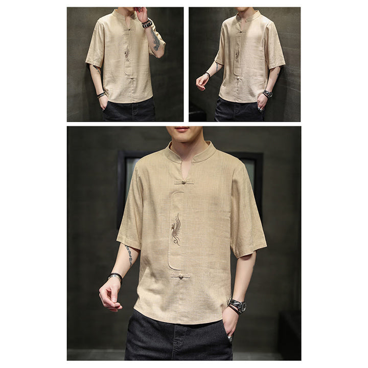 Camisa de manga corta con bordado de Fénix y botones de rana de Buddha Stones , ropa de hombre de lino y algodón - image 15
