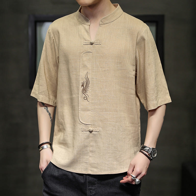 Camisa de manga corta con bordado de Fénix y botones de rana de Buddha Stones , ropa de hombre de lino y algodón - image 14