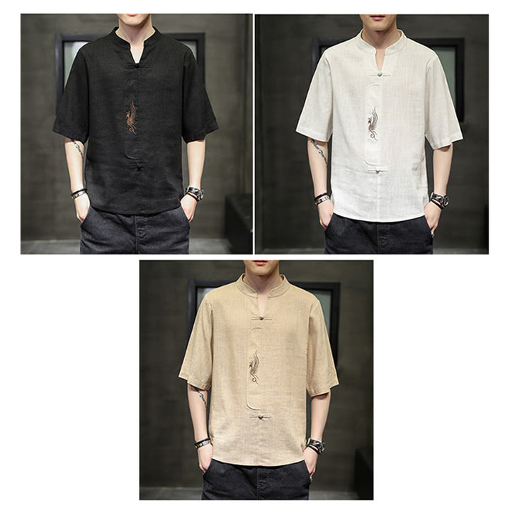 Camisa de manga corta con bordado de Fénix y botones de rana de Buddha Stones , ropa de hombre de lino y algodón - image 25