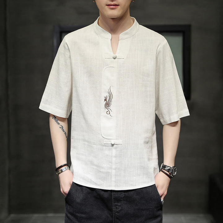 Camisa de manga corta con bordado de Fénix y botones de rana de Buddha Stones , ropa de hombre de lino y algodón - image 2