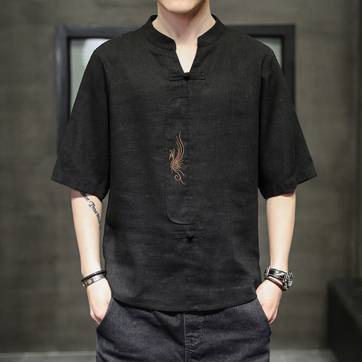 Camisa de manga corta con bordado de Fénix y botones de rana de Buddha Stones , ropa de hombre de lino y algodón - Negro - US/UK/AU46, EU56 (5XL) - image 17